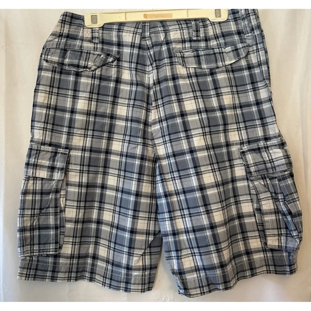 Old Navy cargo shorts men's 36x11 blue plaid HEAVY cotton‎ outdoor WAIST IS 38